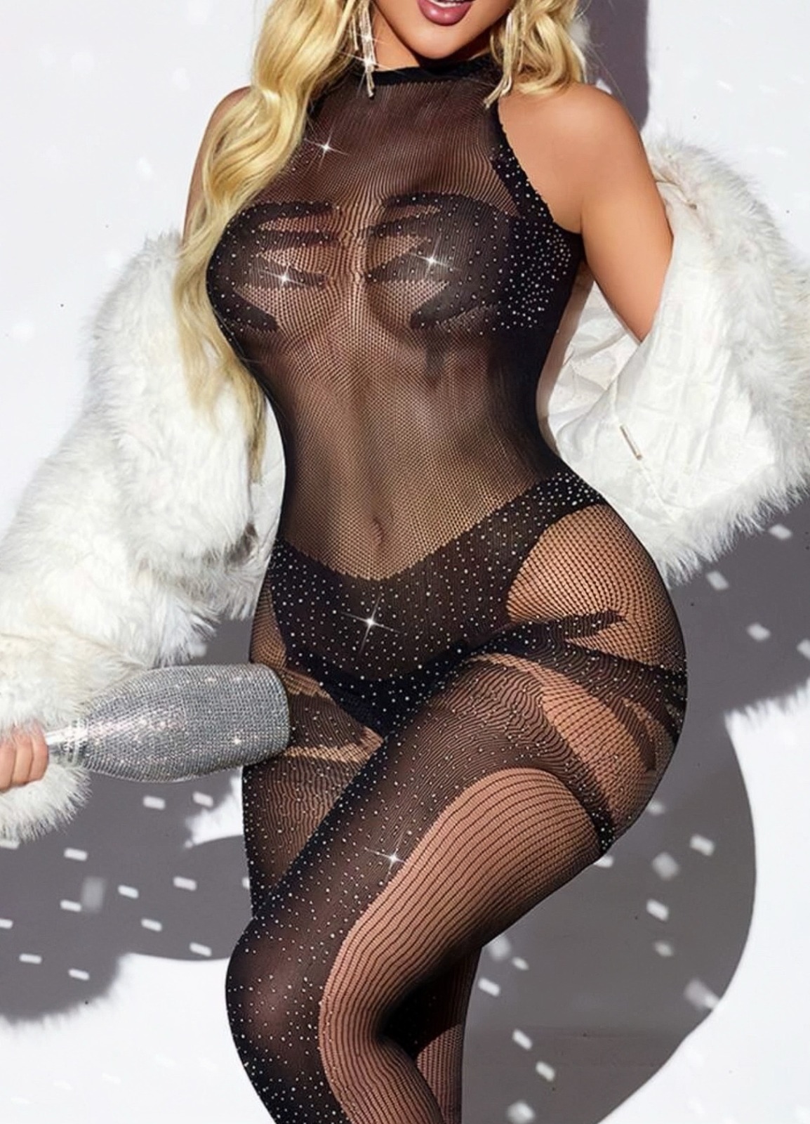 Black Rhinestone Mesh Bodysuit