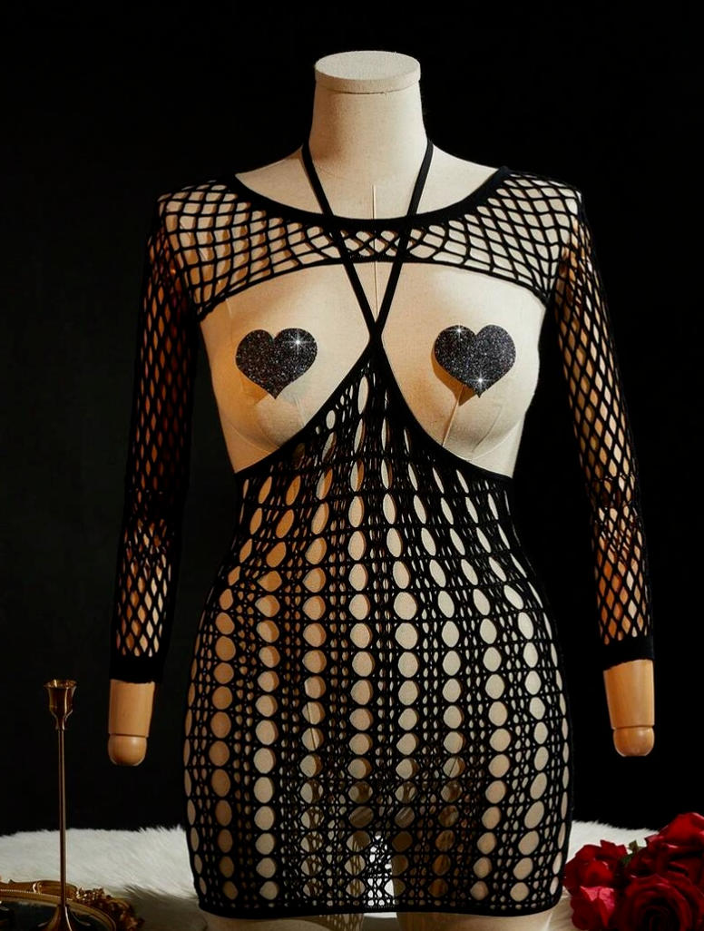 Black Fishnet Cutout Mini Dress