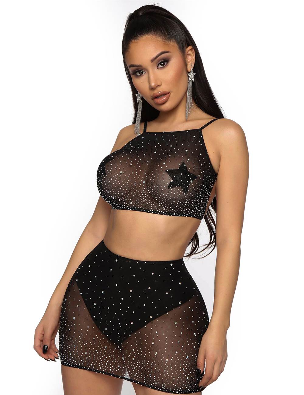 Black Two Piece Fishnet Rhinestone Short Skirt Set