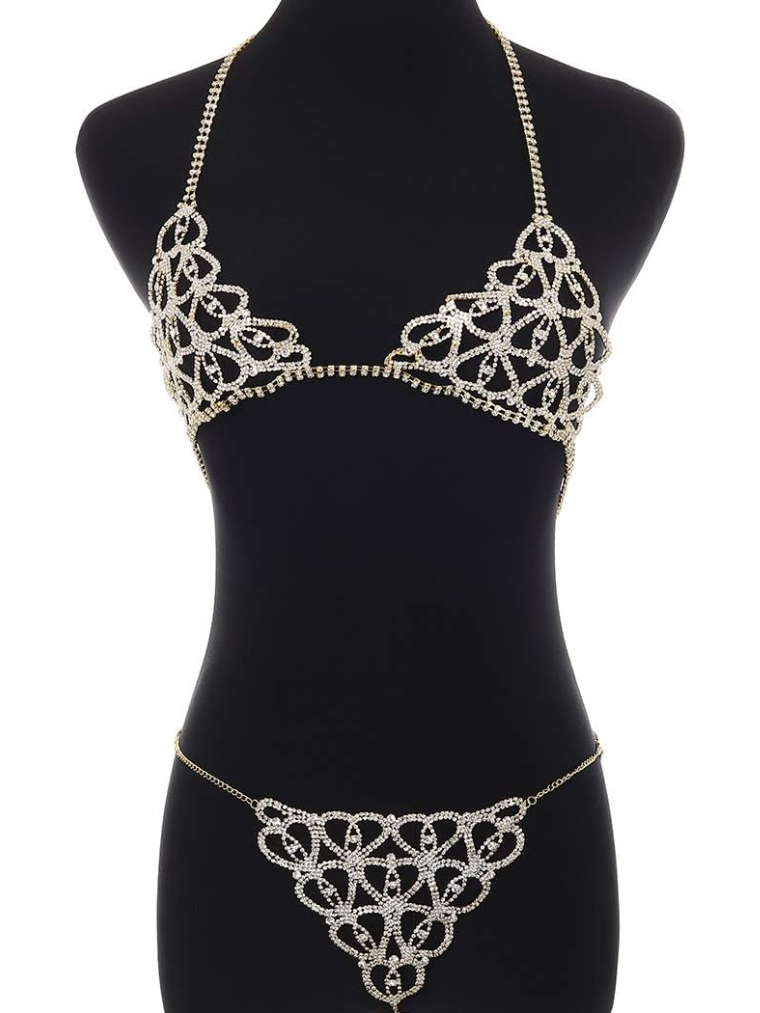 Silver Rhinestone Lingerie Set / 2pcs