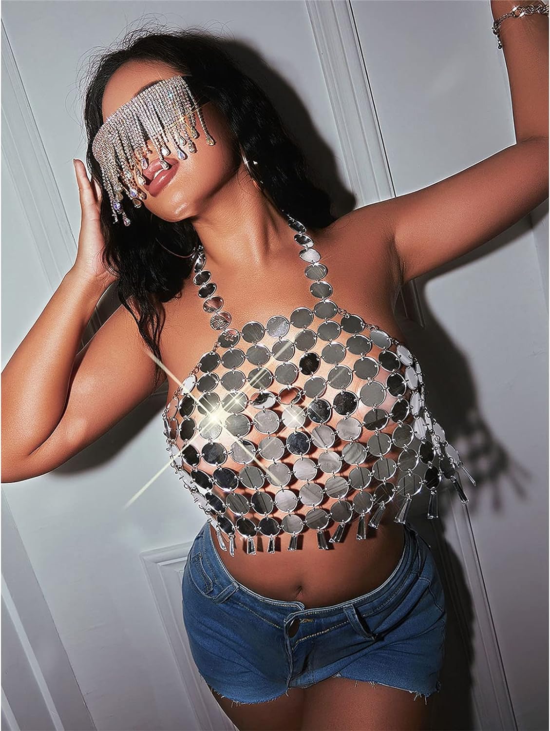 Metallic Sequin Halter Crop Top 