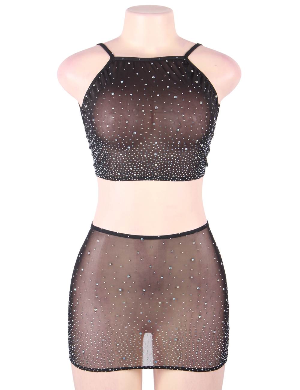 Black Two Piece Fishnet Rhinestone Short Skirt Set