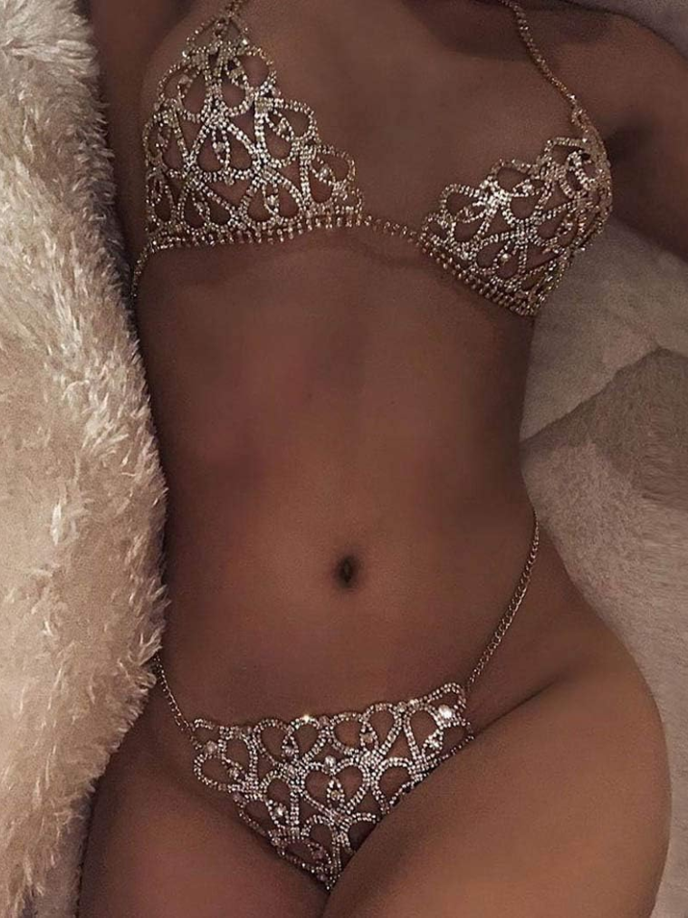 Silver Rhinestone Lingerie Set / 2pcs