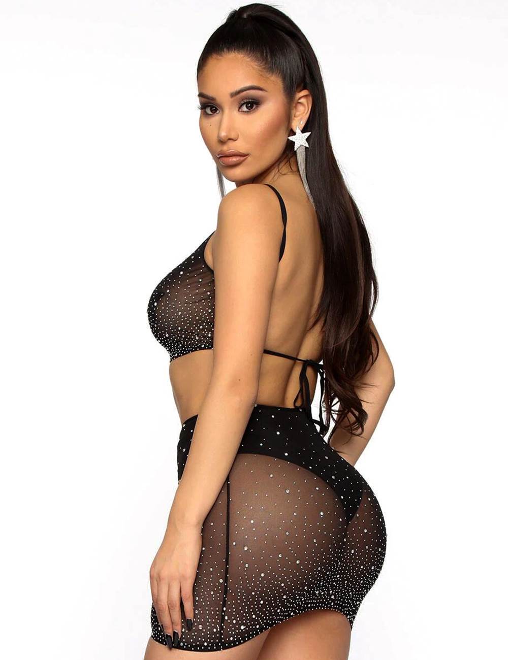 Black Two Piece Fishnet Rhinestone Short Skirt Set